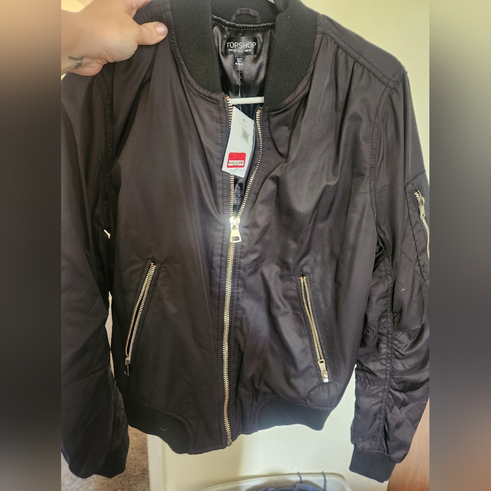 Topshop Charcoal Bomber Jacket with Gold Zippers